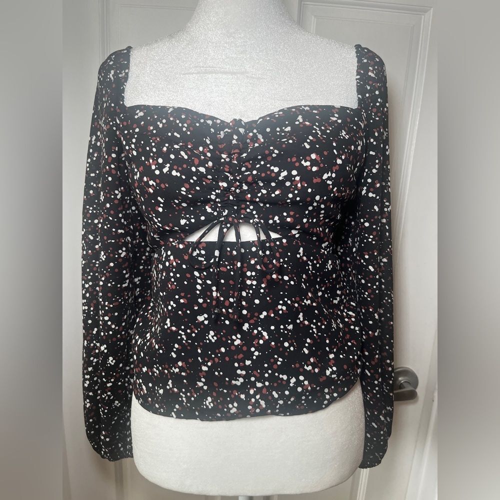 Abercrombie & Fitch Black White Puff Sleeve Baby Doll Top Front Cutout Size S